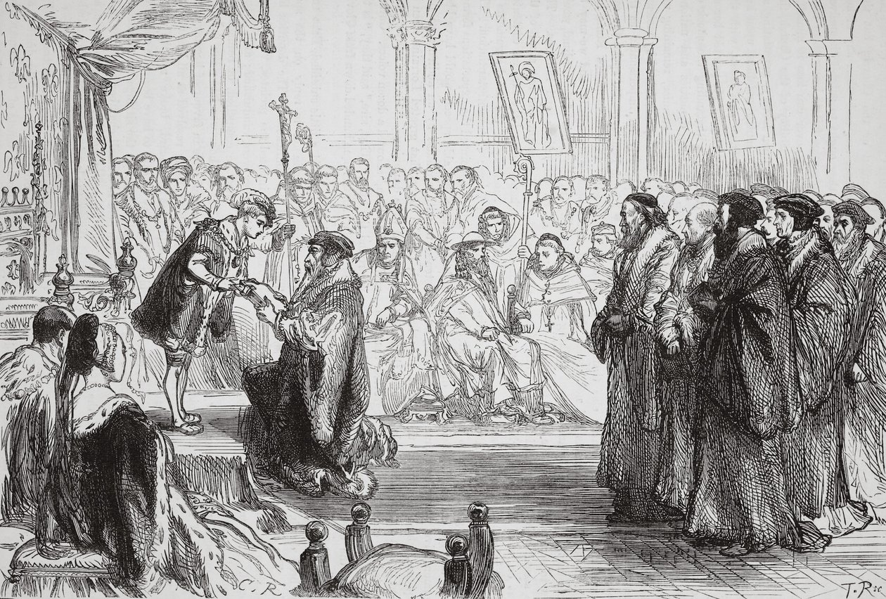 Beza præsenterer den franske protestantiske kirkes bekendelse for kongen ved Colloquy of Poissy, illustration fra The History of Protestantism af James Aitken Wylie (1808-1890), pub. 1878 (eng af English School
