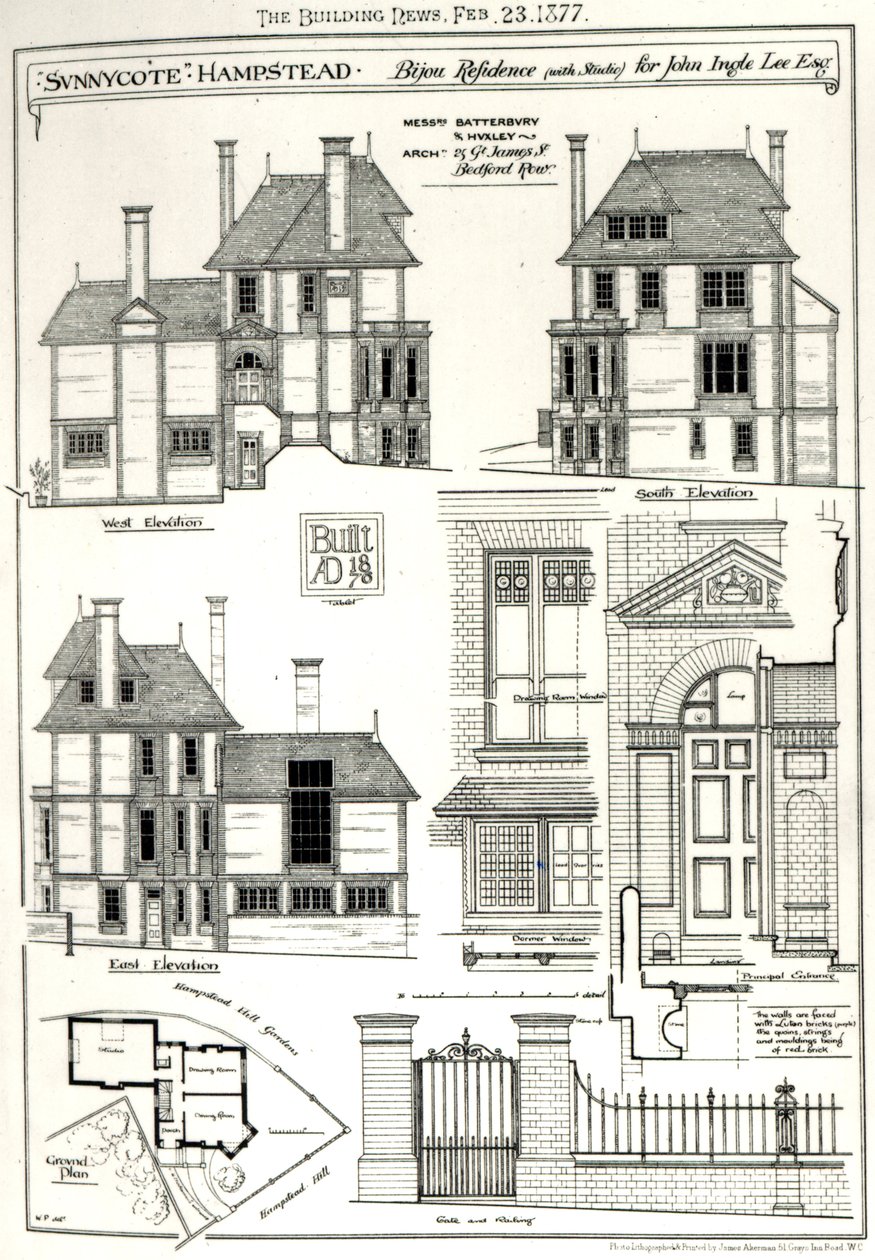 Bijou Residence Sunnycote, Hampstead, (med studie) for John Ingle Lee Esq, fra The Building News, 23. februar 1877 News, 23. februar 1877 af English School