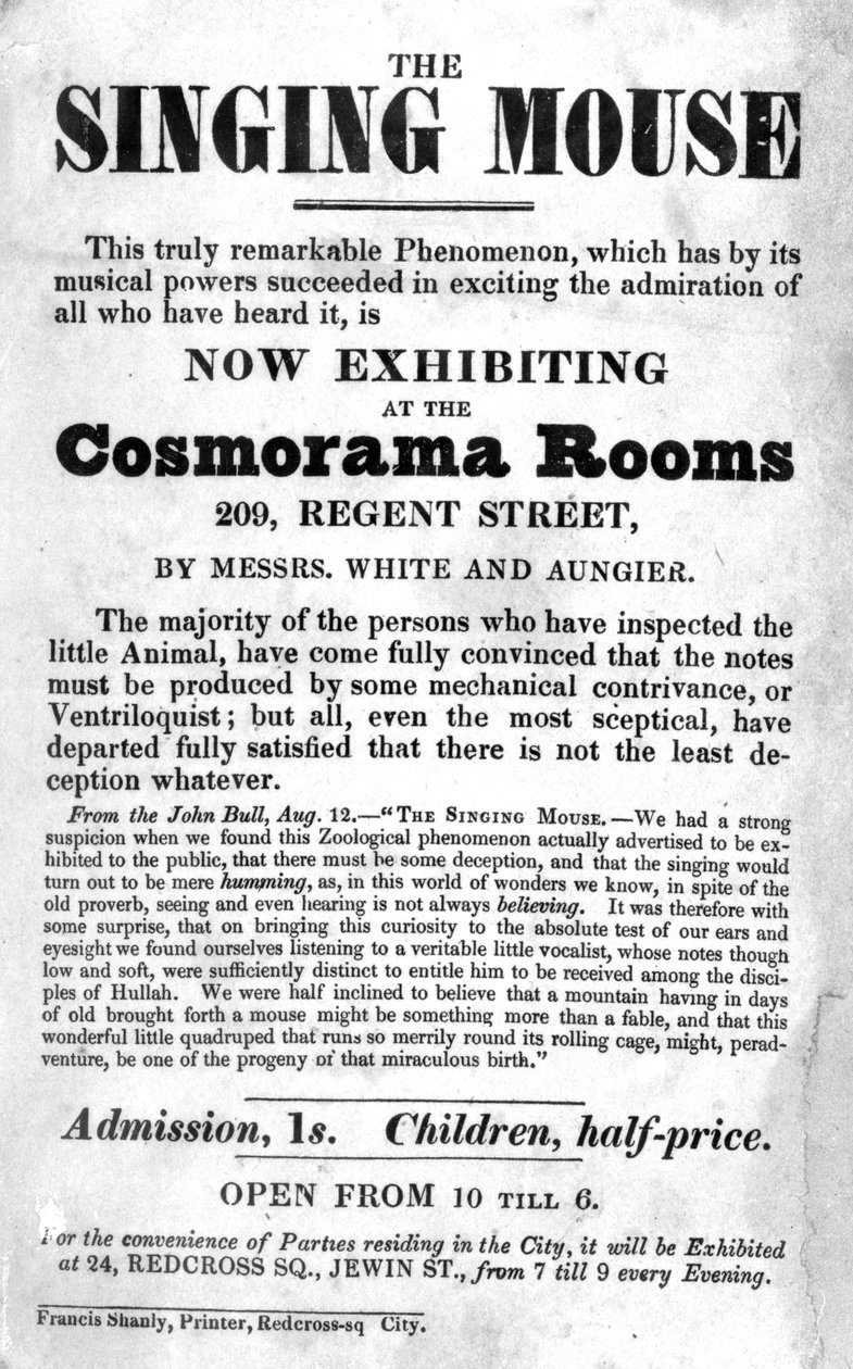 Bill-plakat for udstillingen The Singing Mouse i Cosmorama Rooms, 209 Regent Street, ca. 1836 af English School