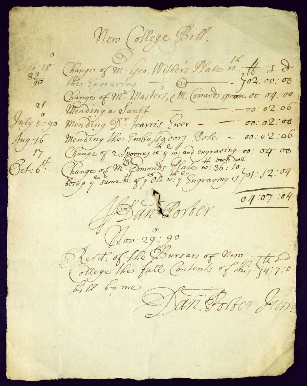 Bill fra Daniel Porter til New College, 1690 af English School