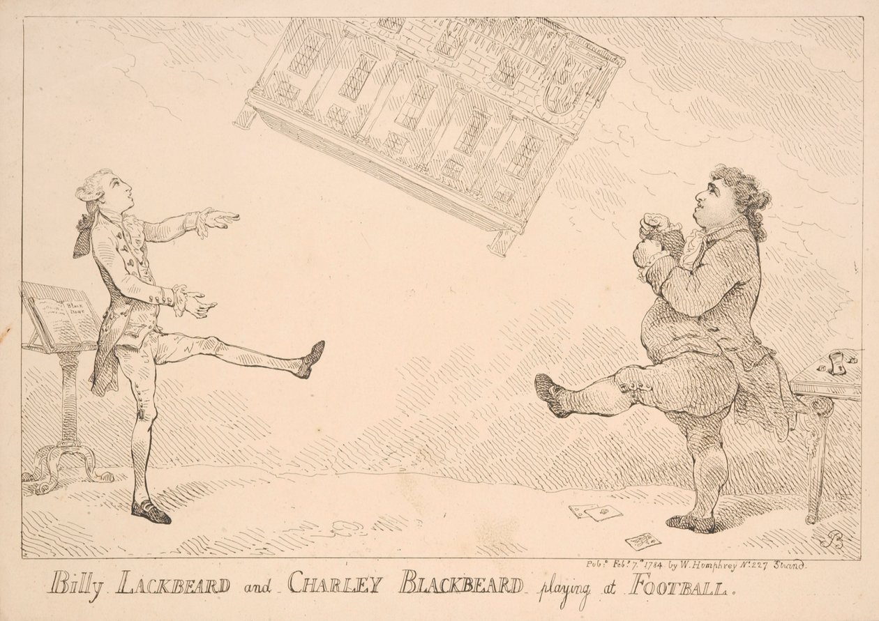 Billy Blackbeard og Charley Blackbeard spiller fodbold, satirisk tegneserie med henvisning til East India Bill, udgivet af W. Humphrey, 1744 af English School