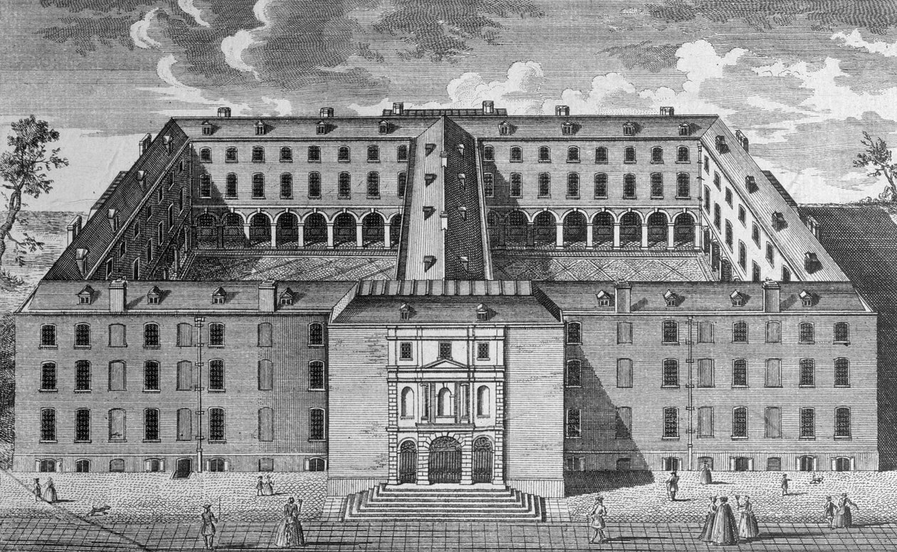 Fugleperspektiv af Guys Hospital, Southwark, med figurer i forgrunden, ca. 1780 af English School