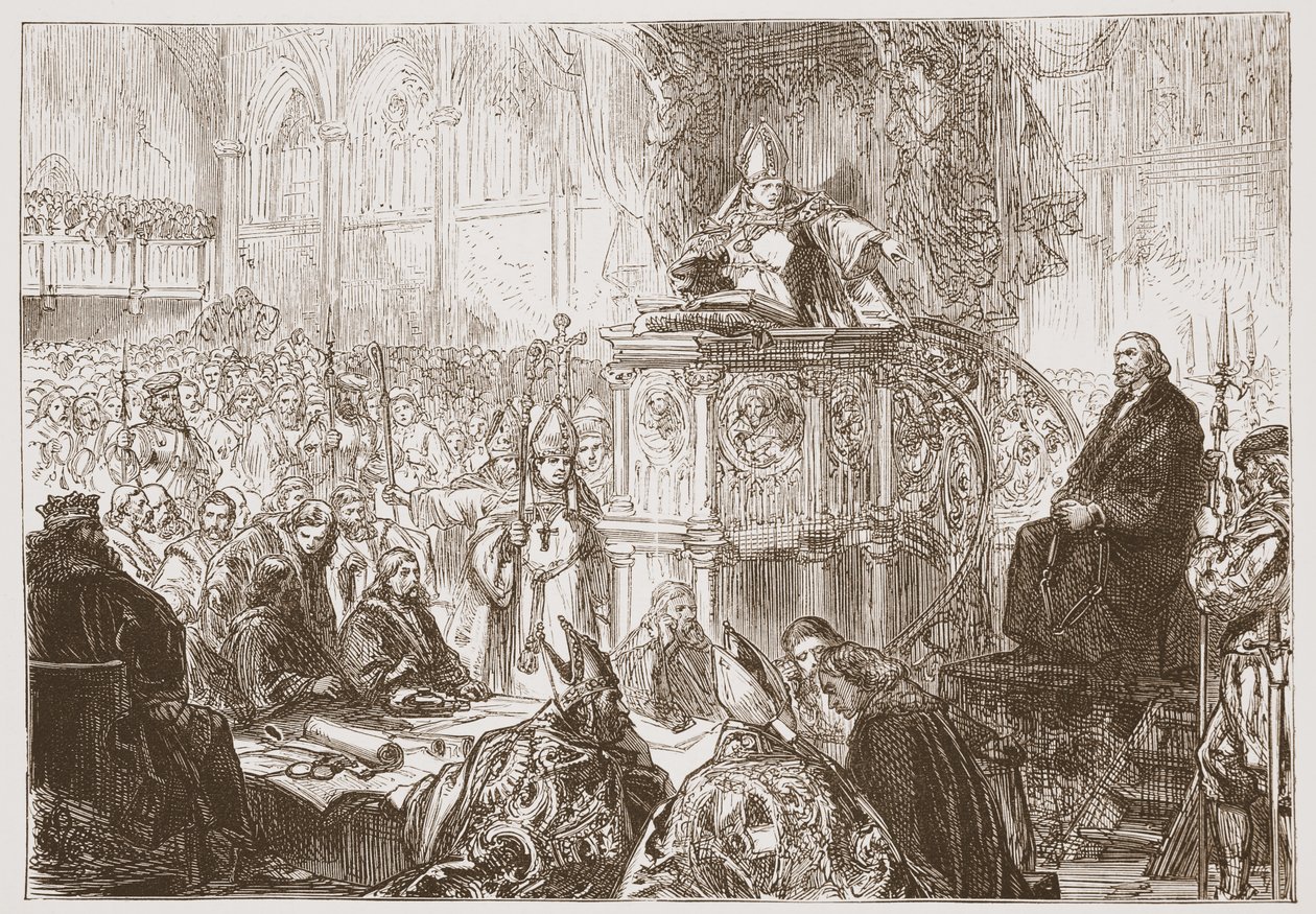 Biskop af Lodi prædiker ved retssagen mod Huss, illustration fra The History of Protestantism af James Aitken Wylie (1808-1890), pub. 1878 af English School