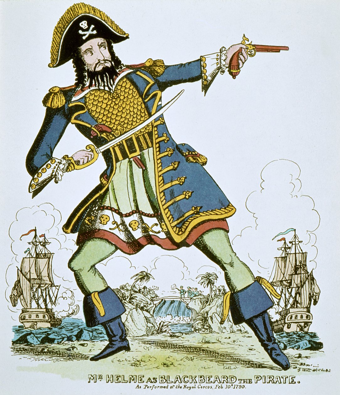 Piraten Blackbeard (farvet indgravering) af English School