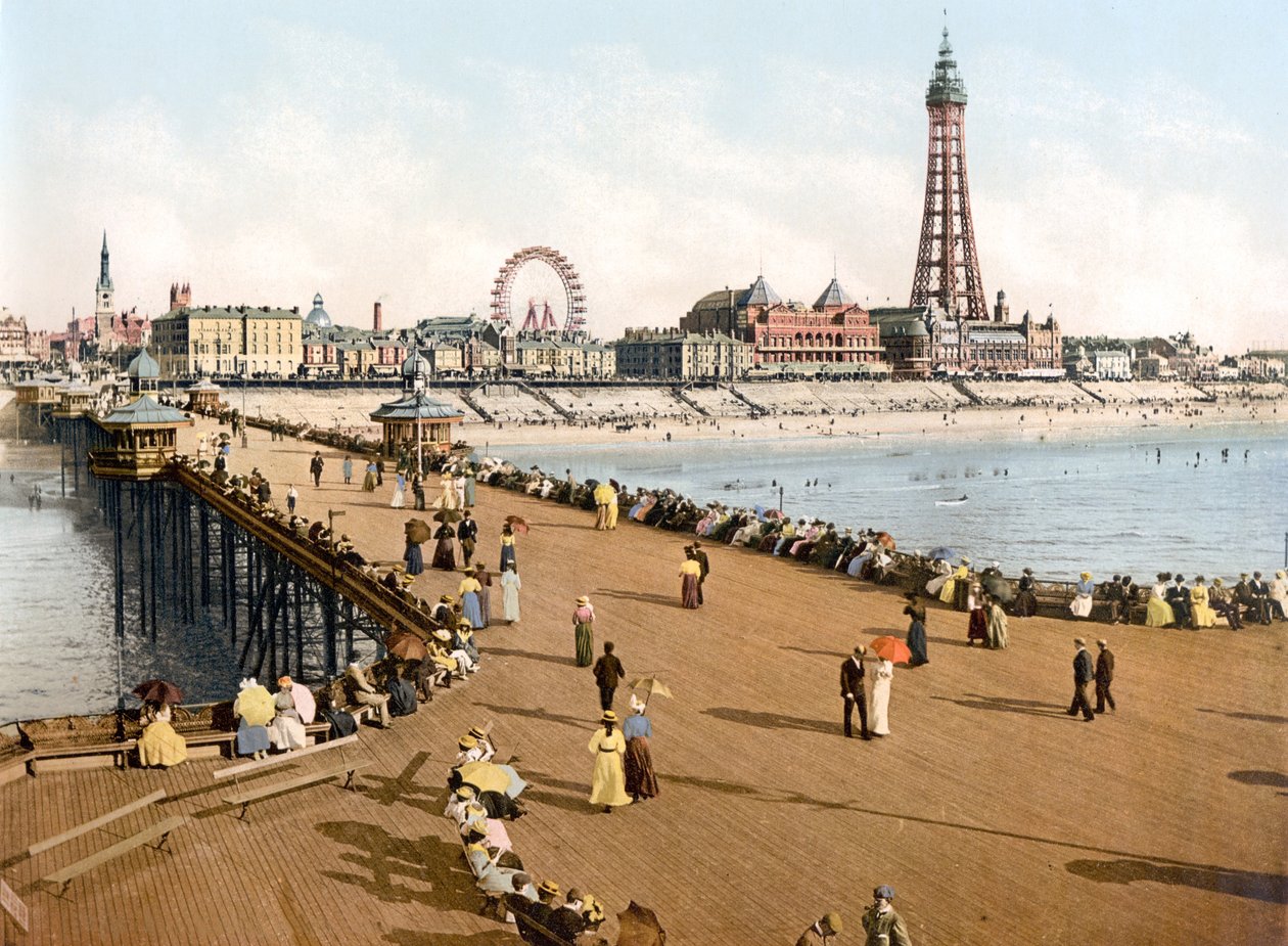 Blackpool fra North Pier (håndfarvet foto) af English School