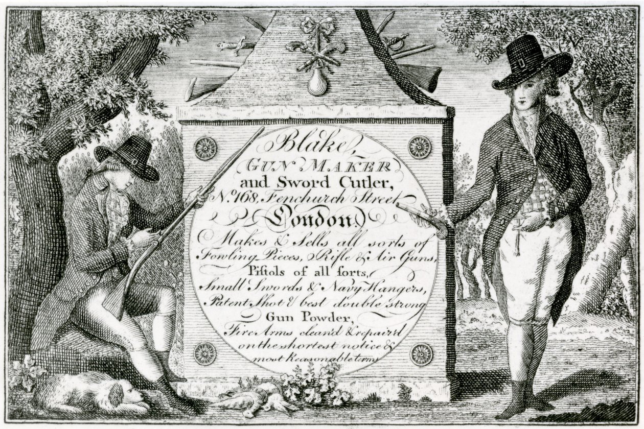 Blake, Gunmaker og Sword Cutler, våbenkasselabel (gravering) af English School