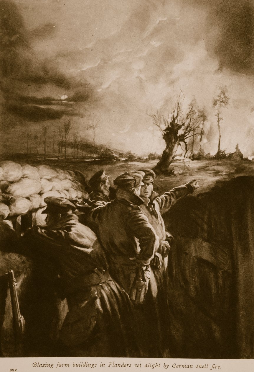 Brændende landbrugsbygninger i Flandern blev antændt af tysk granatbrand, 1914-19 af English School