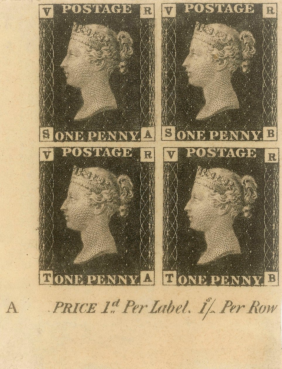 Blok af Penny Black frimærker, ca. 1840 (frimærker) af English School