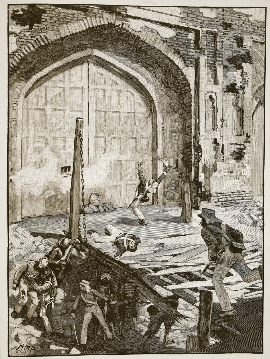 At sprænge Cashmere-porten i Delhi, illustration fra Cassells Illustrated History of England (sepia-foto) af English School