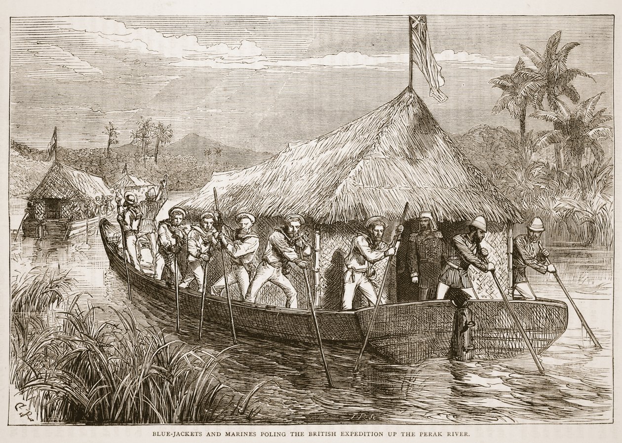 Blue-jackets og marinesoldater, der polerer den britiske ekspedition op ad Perak-floden, illustration fra Cassells Illustrated History of England af English School