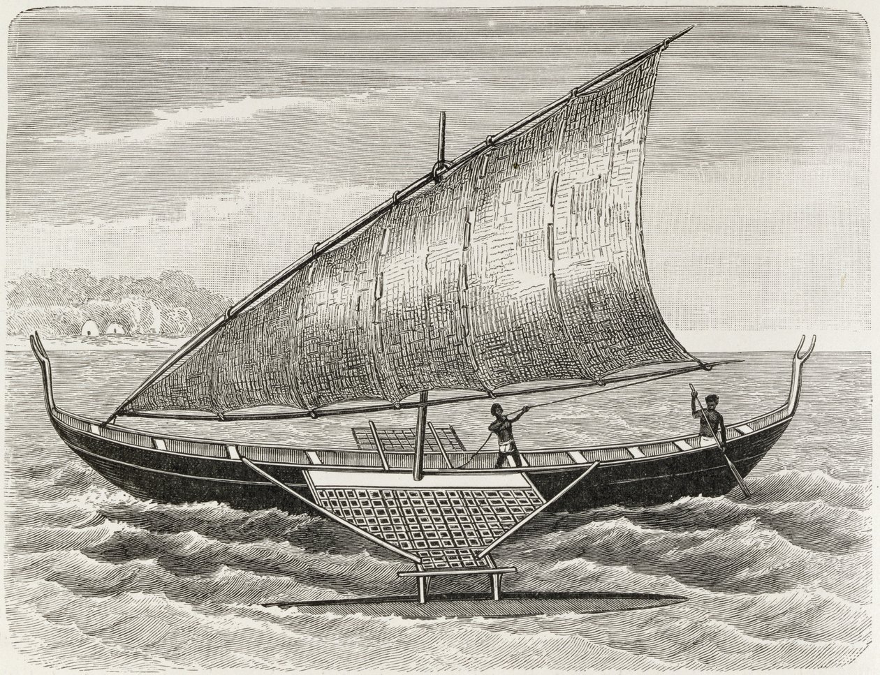 Boat of the Mortlock Islands, med støtteben og sejl af rush-matting, fra 