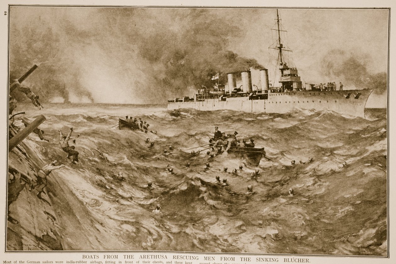Både fra Arethusa, der redder mænd fra det synkende Blucher, 1914-19 af English School