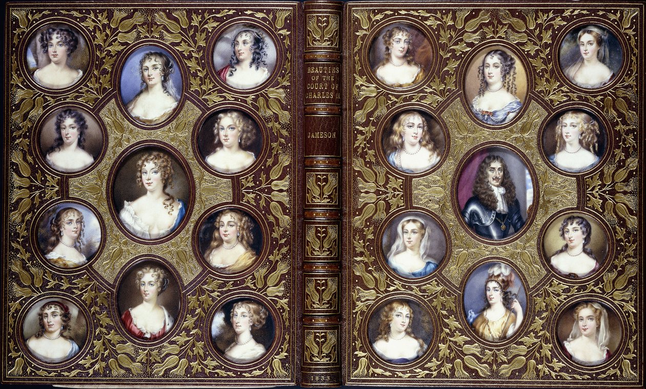 Book cover with twenty-two portrait miniatures of Charles the II and the beautiful women of his court, 1833dani af English School