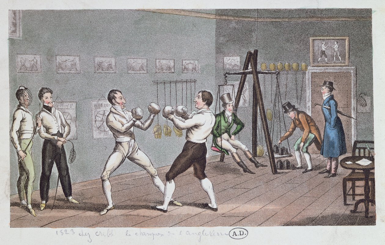 Boksning i England, 1823 (farvegravering) af English School
