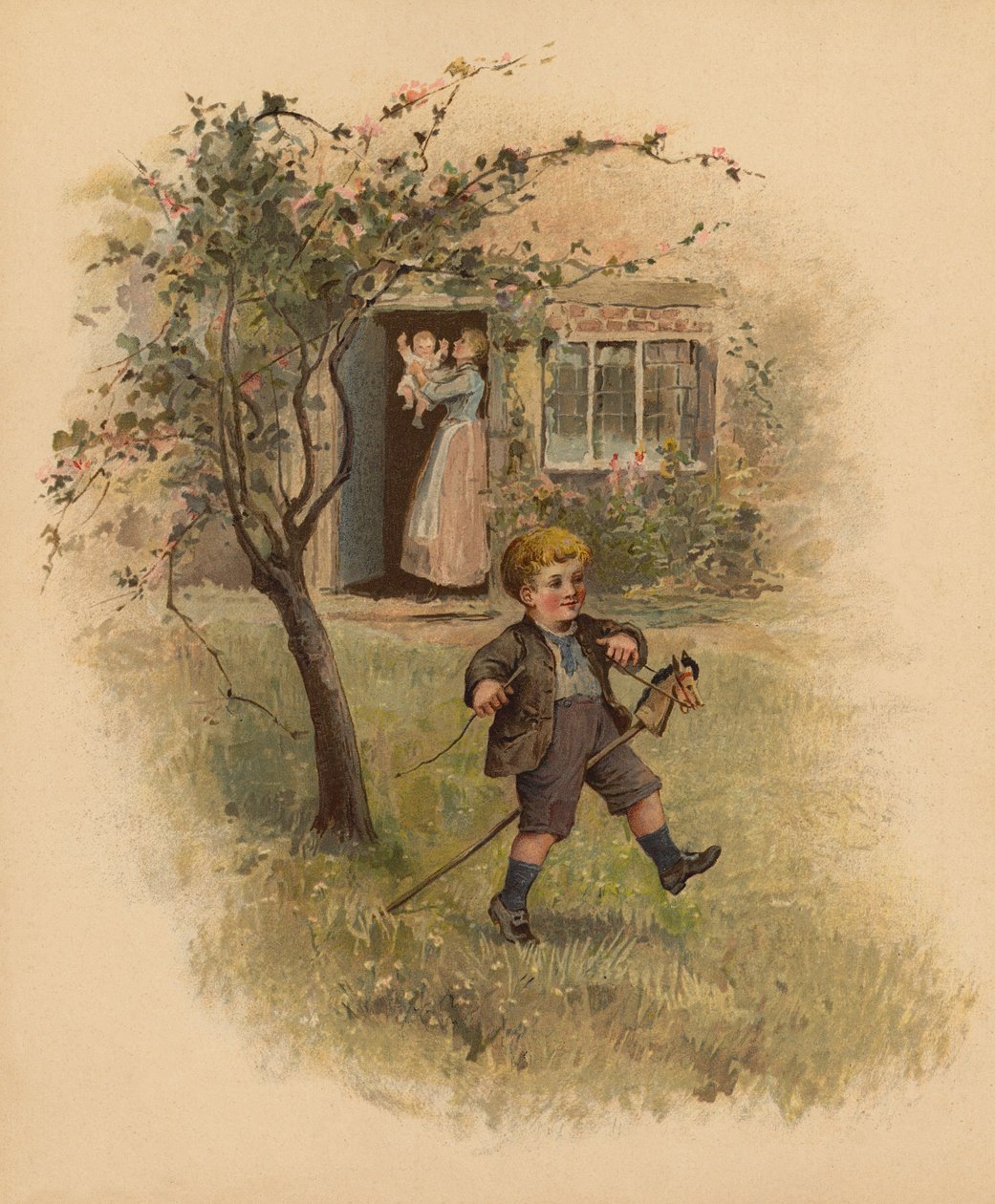 Dreng rider på sin kæphest i haven (chromolitho) af English School