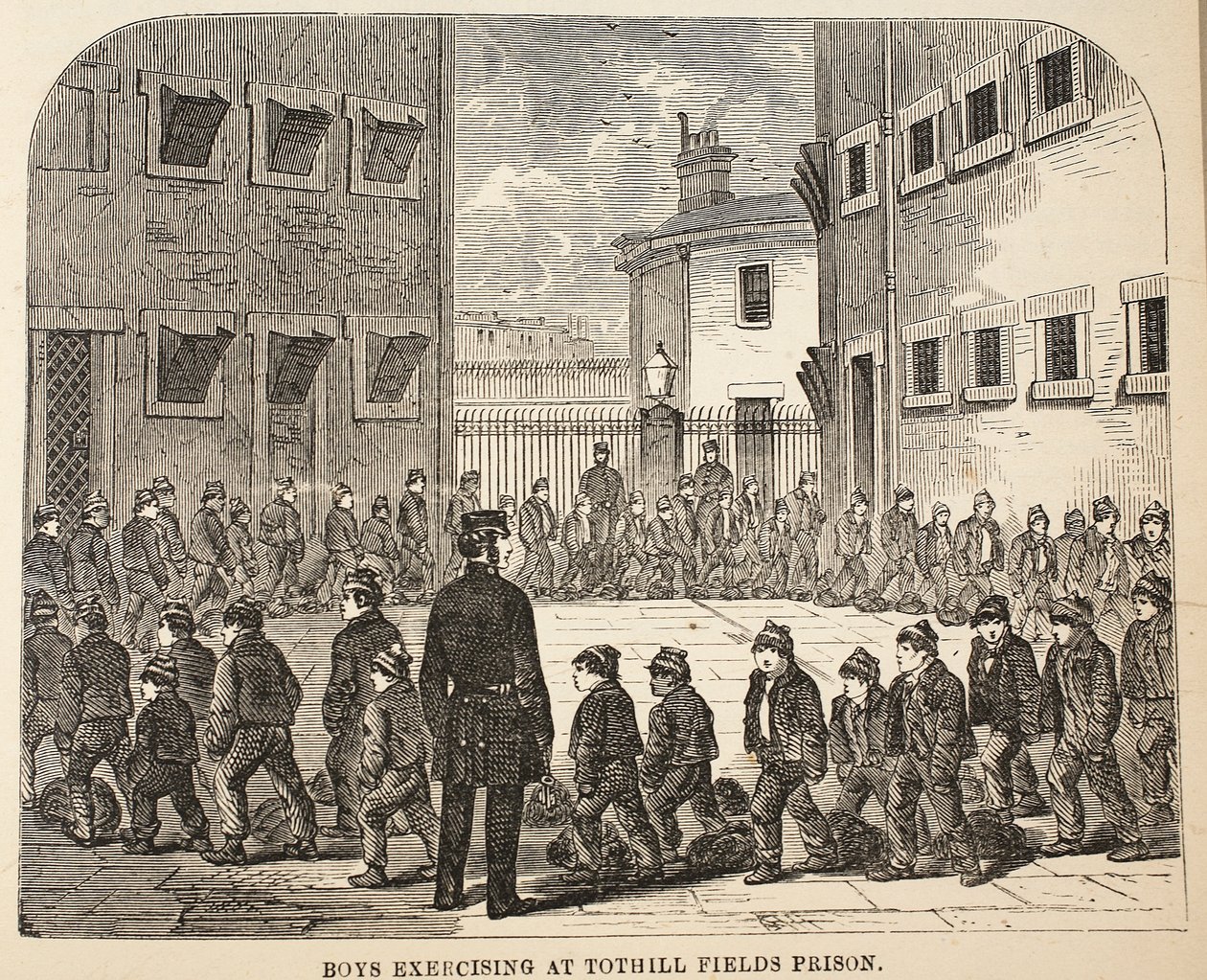 Drenge træner i Tothill Fields Prison, illustration fra The Criminal Prisons of London og Scenes from Prison Life af Henry Mayhew og John Binny, pub. 1862 af English School