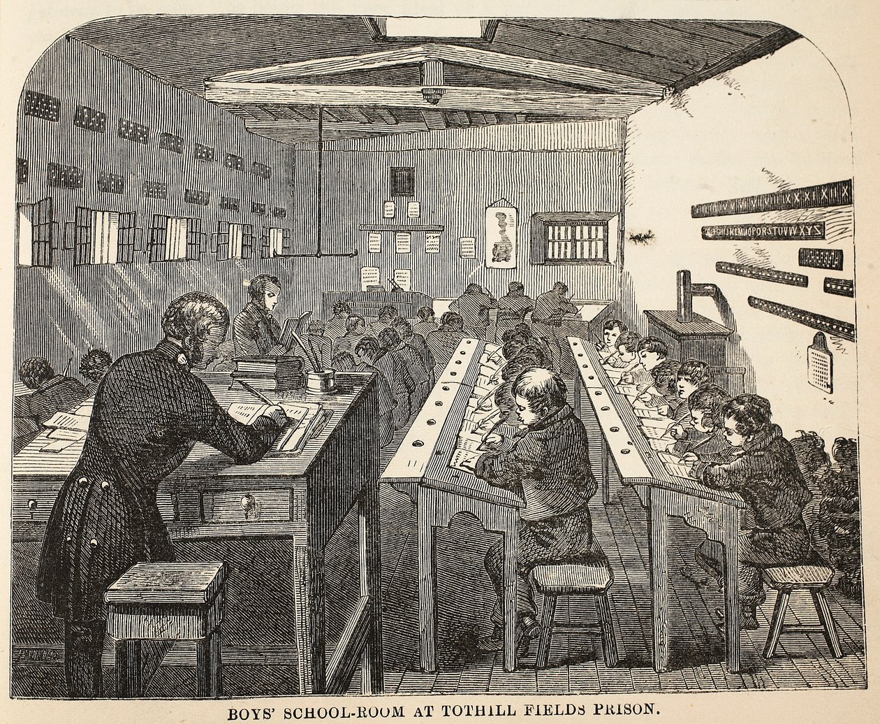 Drengeskoleværelse i Tothill Fields Prison, illustration fra The Criminal Prisons of London og Scenes from Prison Life af Henry Mayhew og John Binny, pub. 1862 af English School