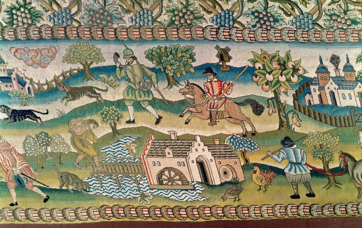 Bradford Table Carpet, detalje af scener fra livet på landet, slutningen af det 16. århundrede af English School