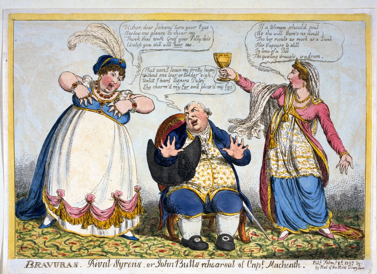 Bravurer, Rival Syrens eller John Bulls genhør af Capt. Macheath, pub. 1807 (håndfarvet gravering) af English School