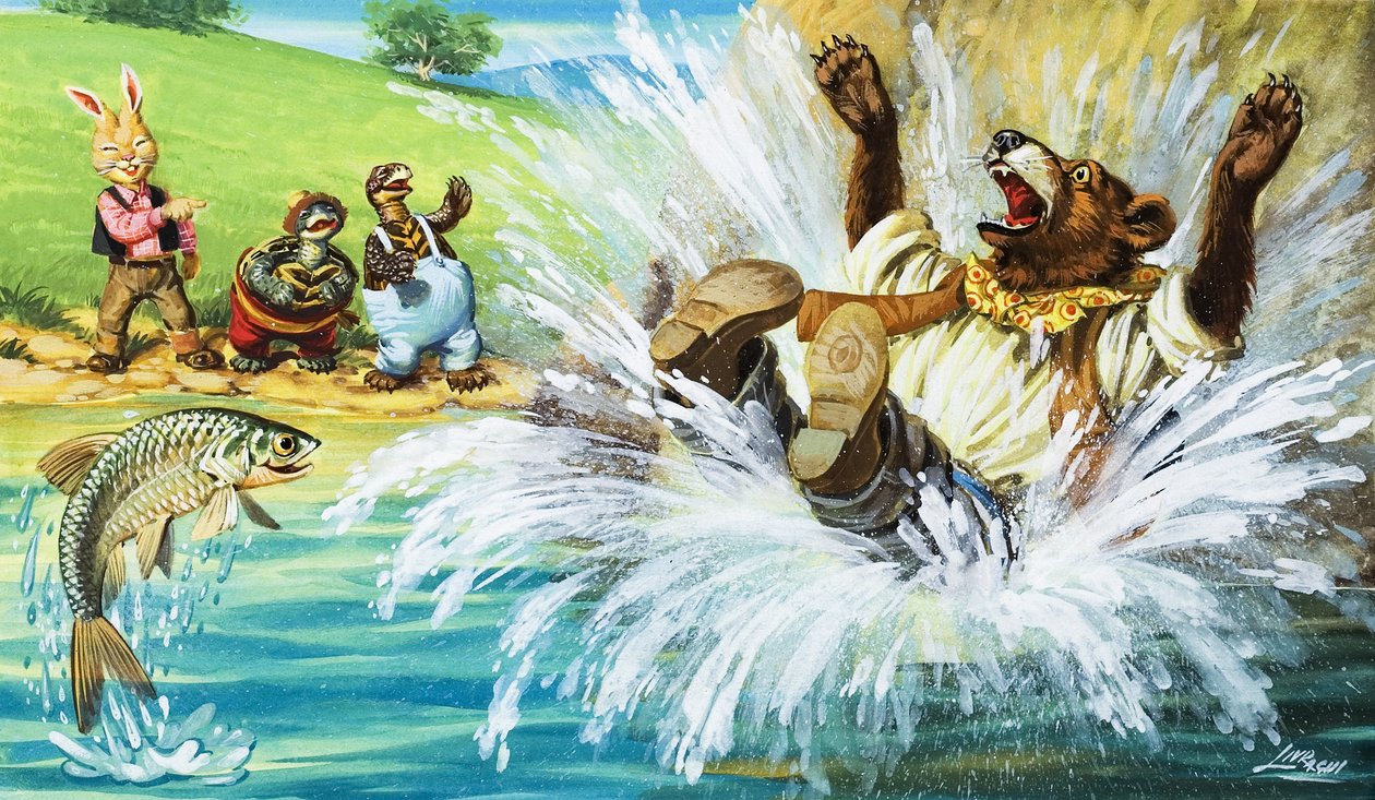 Brer Bear falder i floden (gouache på papir) af English School