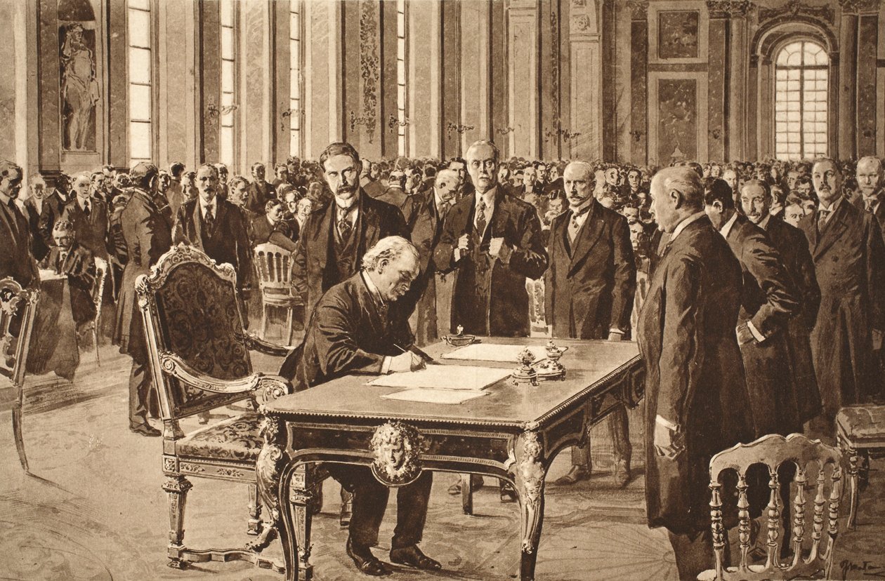 Storbritanniens premierminister underskriver fredstraktaten med Tyskland i spejlsalen i Versailles, 28. juni 1919 af English School
