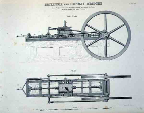 Britannia- og Conway-broerne: Steam Engine Working the Hydraulic Presses for Raising the Tubes, by Messrs Easton and Amos of London (litografi) af English School