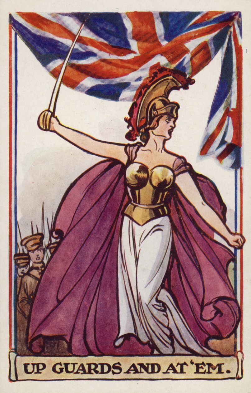 Britannia med soldater og unionsflag (farvelitografi) af English School