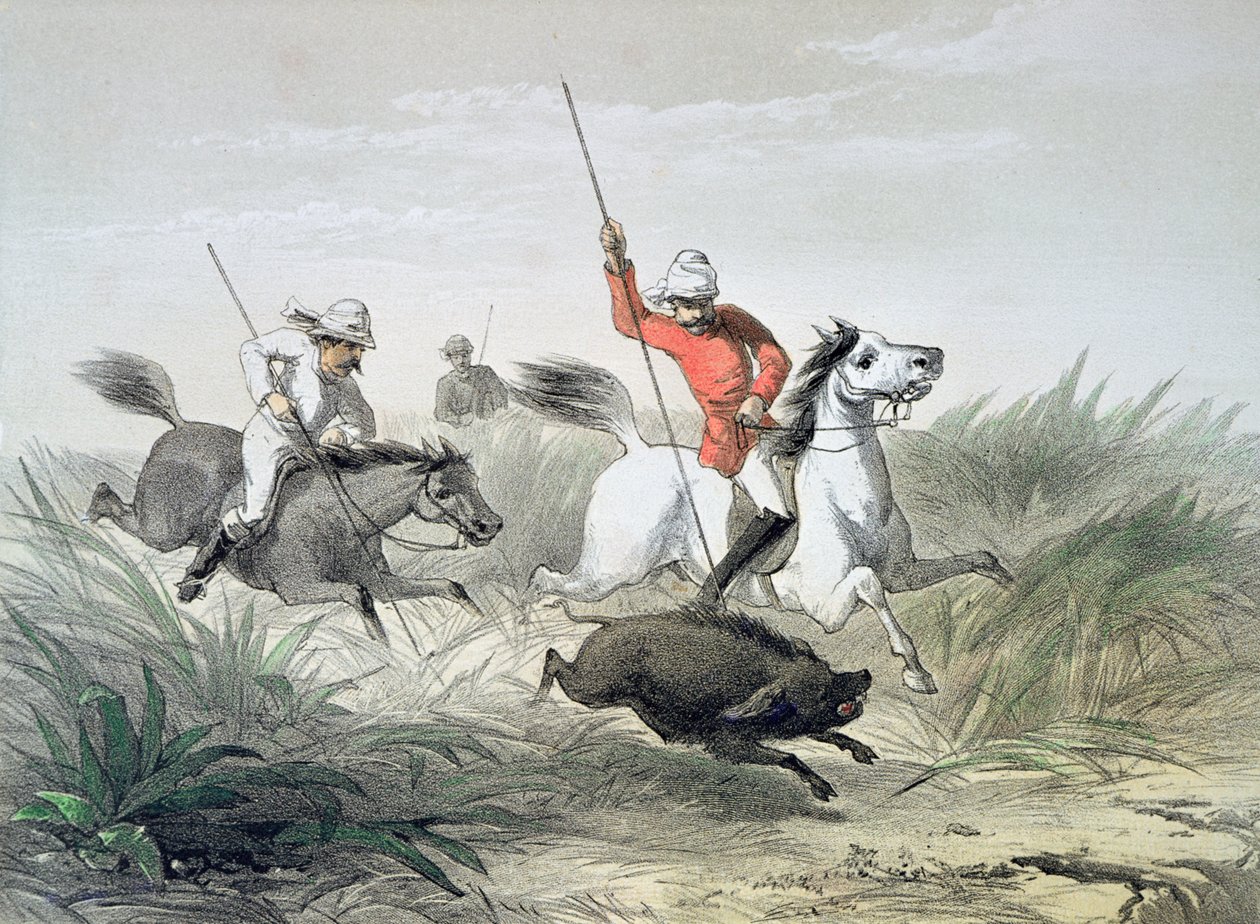 Britiske hærofficerer på jagt efter vildsvin i Indien af English School