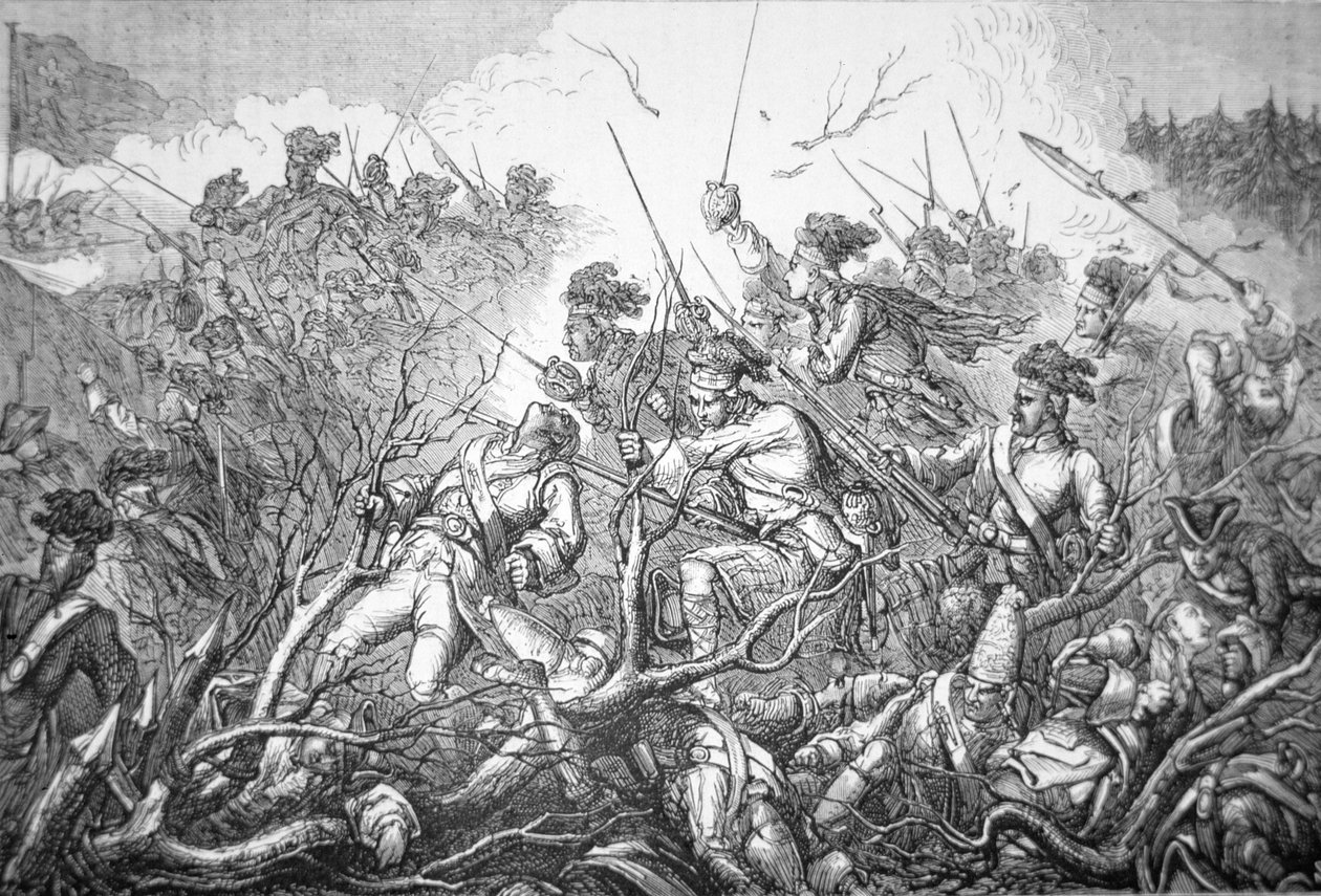 Britisk angreb på Fort Ticonderoga den 8. juli 1758 (gravering) af English School