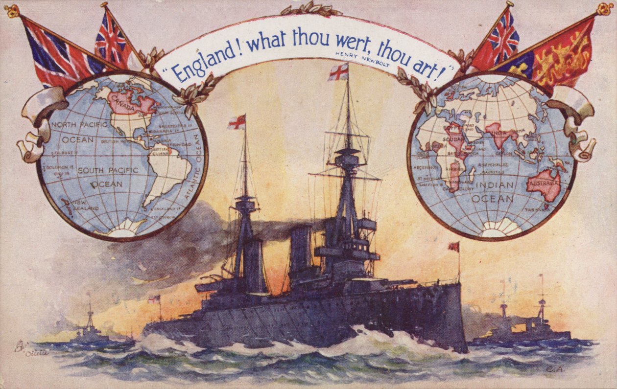 Britisk slagskib med kort og flag fra det britiske imperium (farvelitografi) af English School