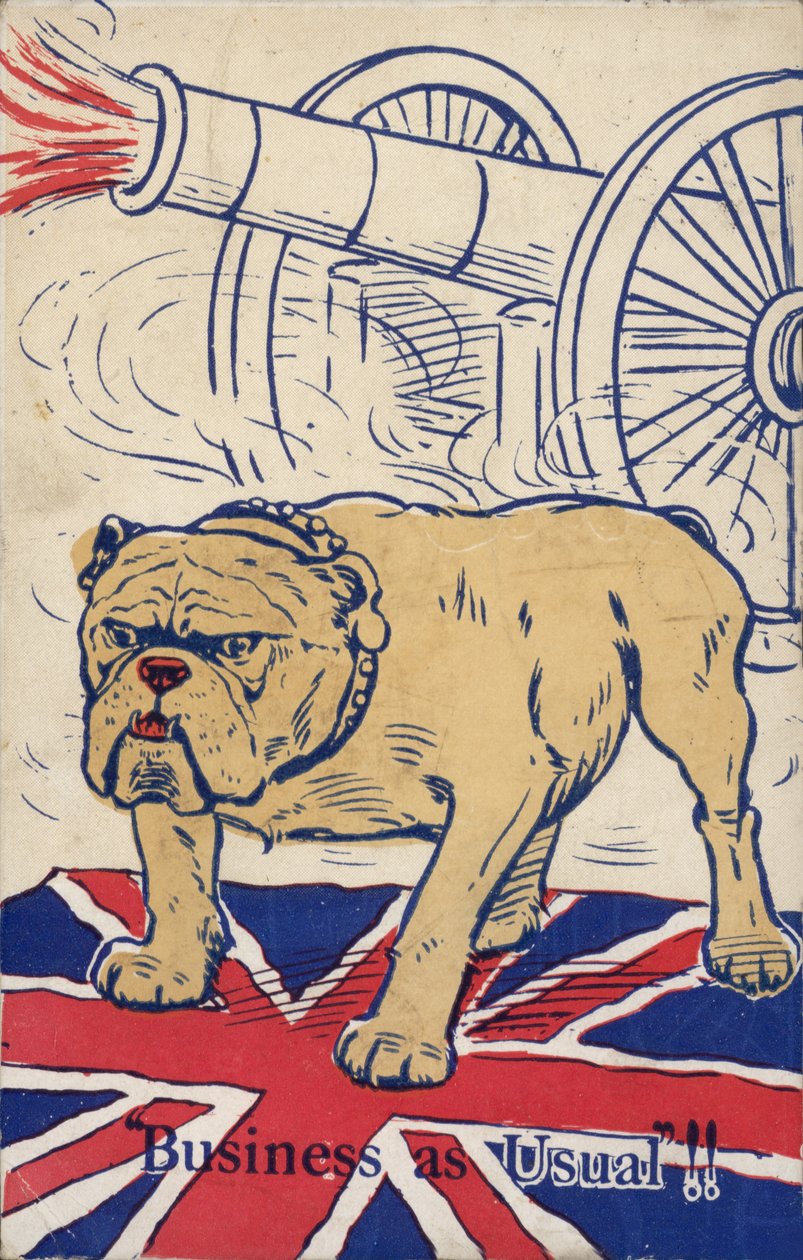 Britisk bulldog stående på unionsflaget og med en kanon, der affyres (farvelitografi) af English School