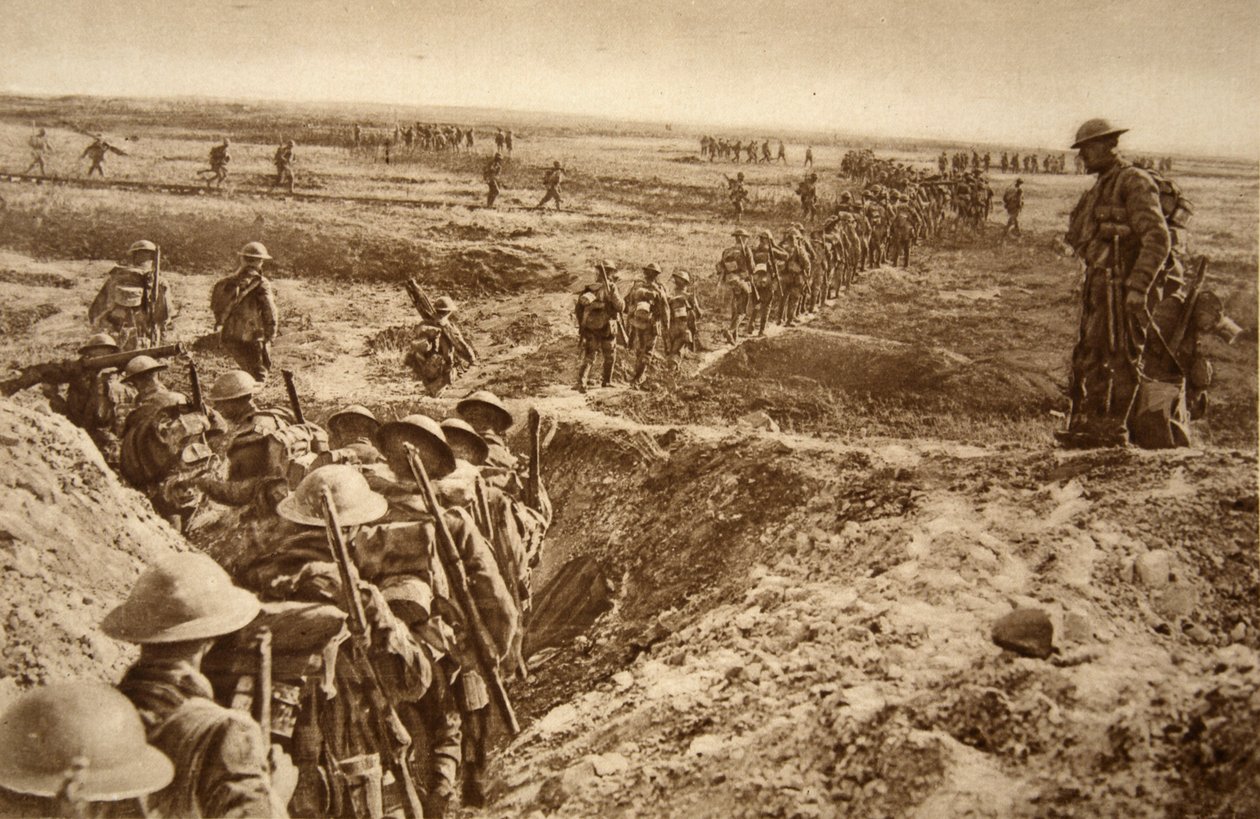Britisk infanteri rykker frem i fremrykningen mod Cambrai, 1914-19 af English School
