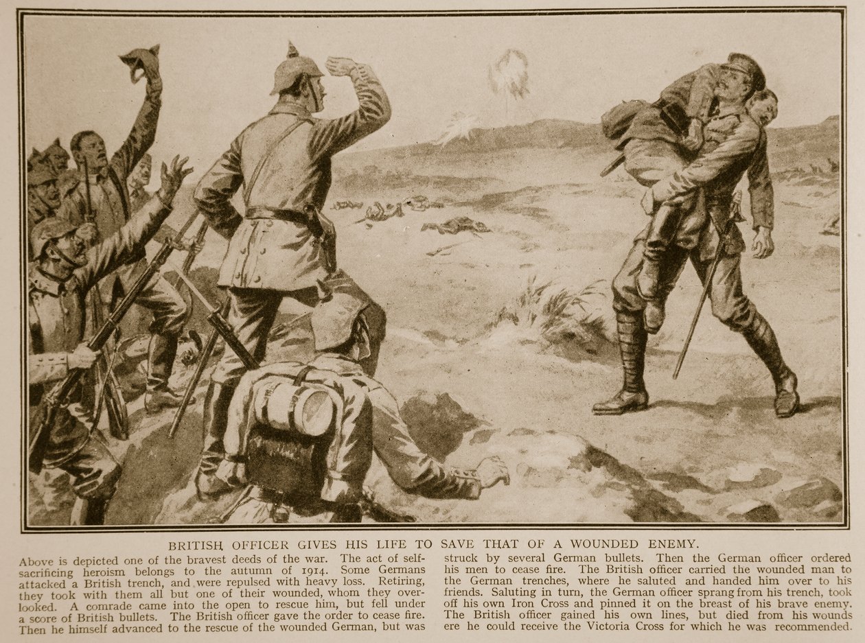 Britisk officer giver sit liv for at redde en såret fjendes liv, 1914-19 af English School