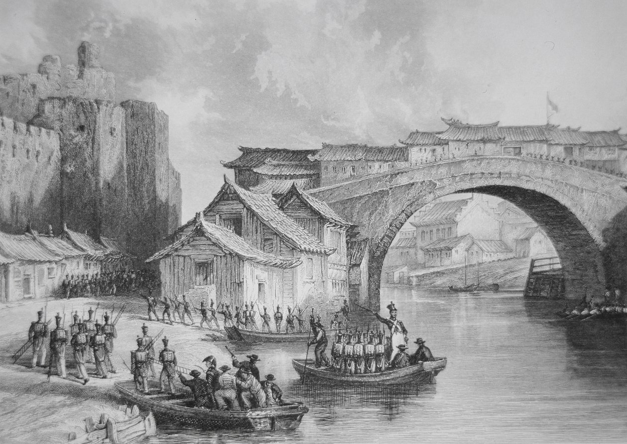 Britiske tropper lander ved West Gate of Ching Keang under opiumskrigene, illustration efter en øjenvidneskitse af kaptajn Stoddard (litho) (s/h version af 225386) af English School