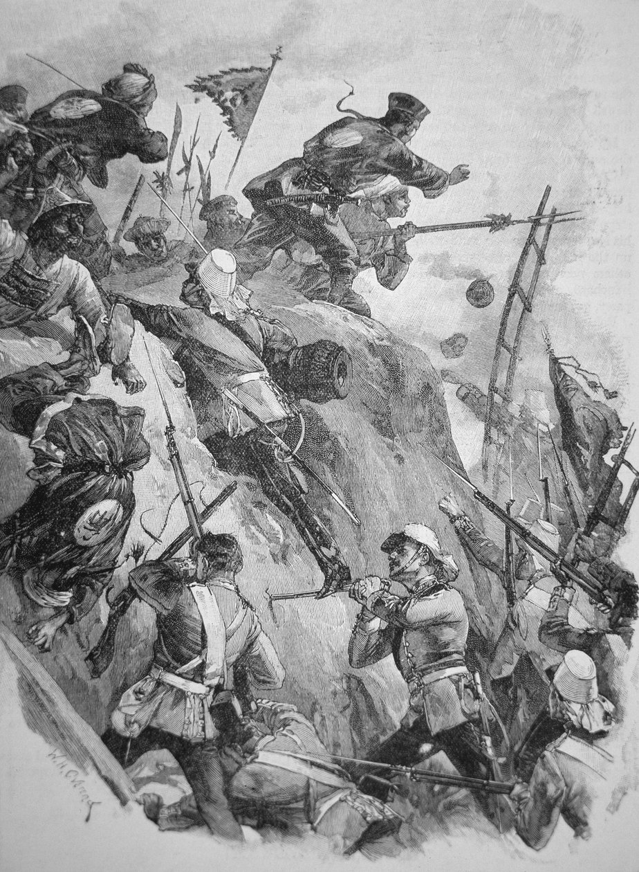 Britiske tropper stormede Taku-fortene i Kina i 1860 under opiumskrigene (litho) af English School