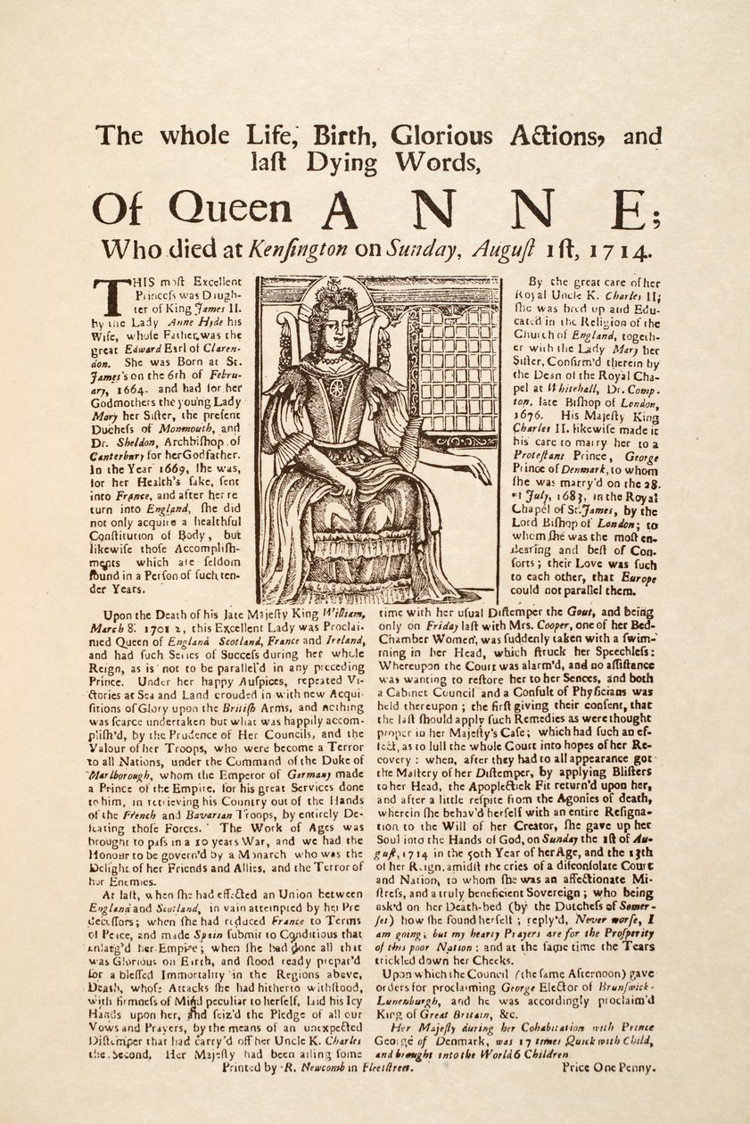 Broadside offentliggjort om Dronning Annes død søndag den 1. august 1714 (tryk & træsnit) af English School