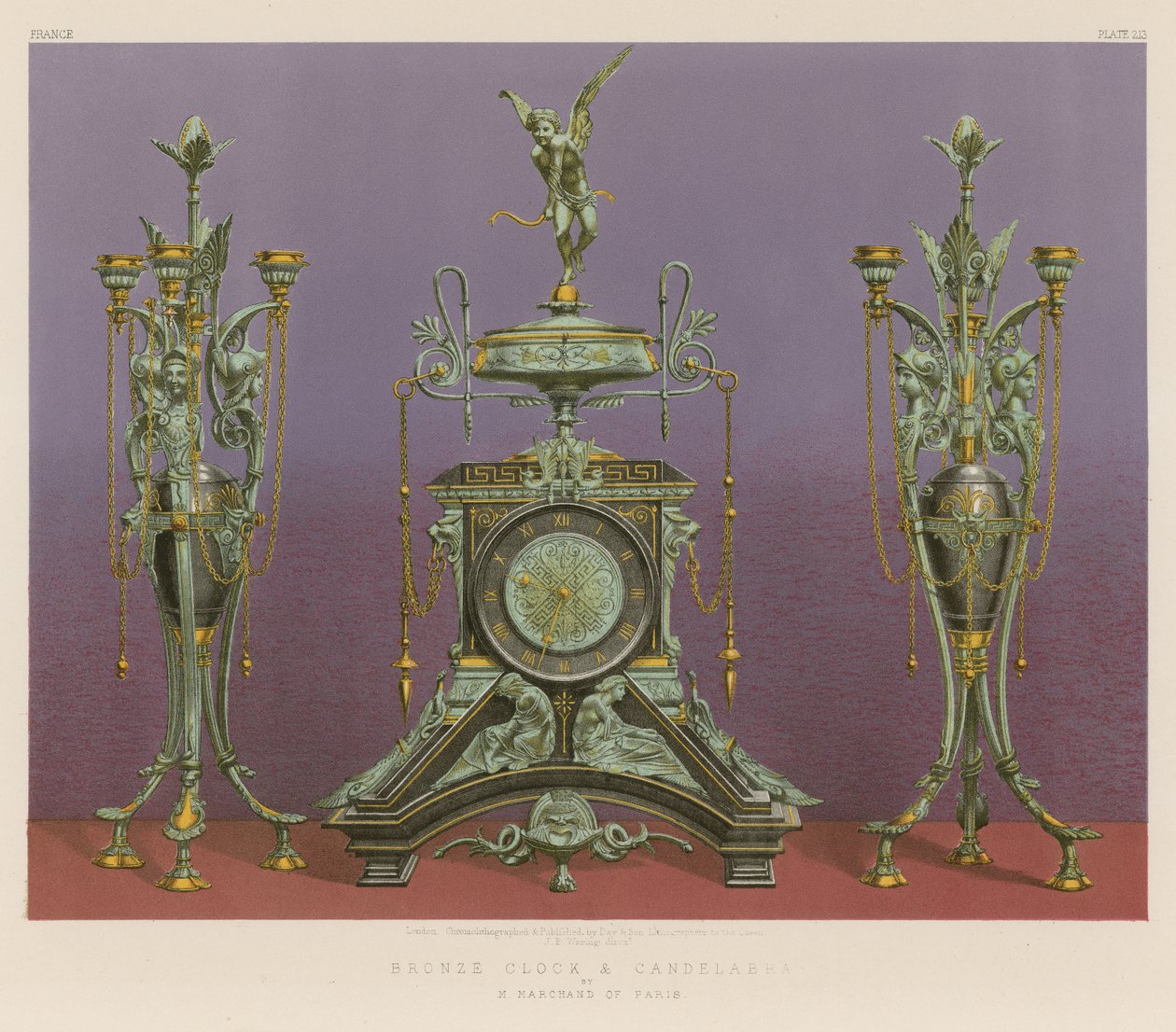 Bronzeur og kandelaber af M Marchand fra Paris (chromolitho) af English School