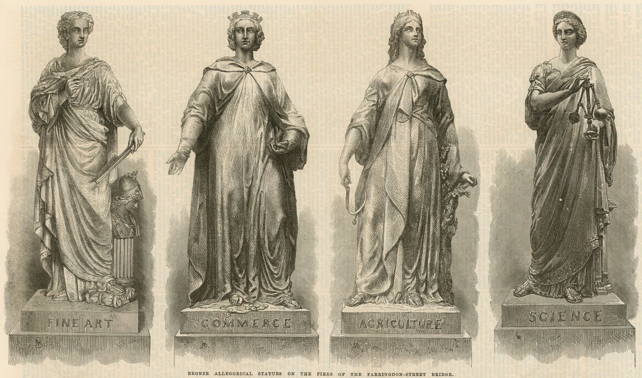 Allegoriske bronzestatuer på bropillerne på Farringdon Street Bridge (kobberstik) af English School