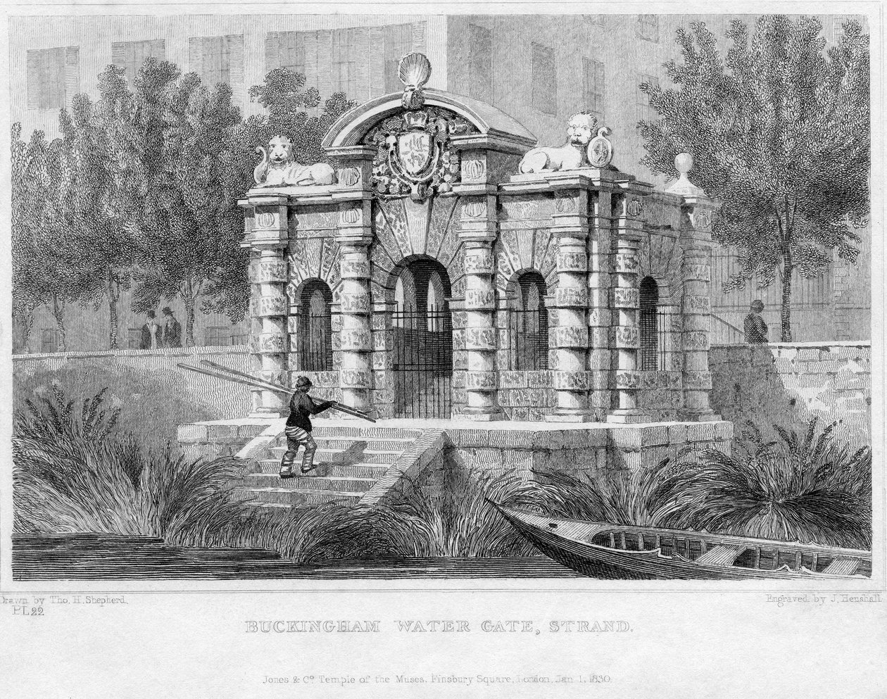 Buckingham Water Gate, Strand, 1830 af English School
