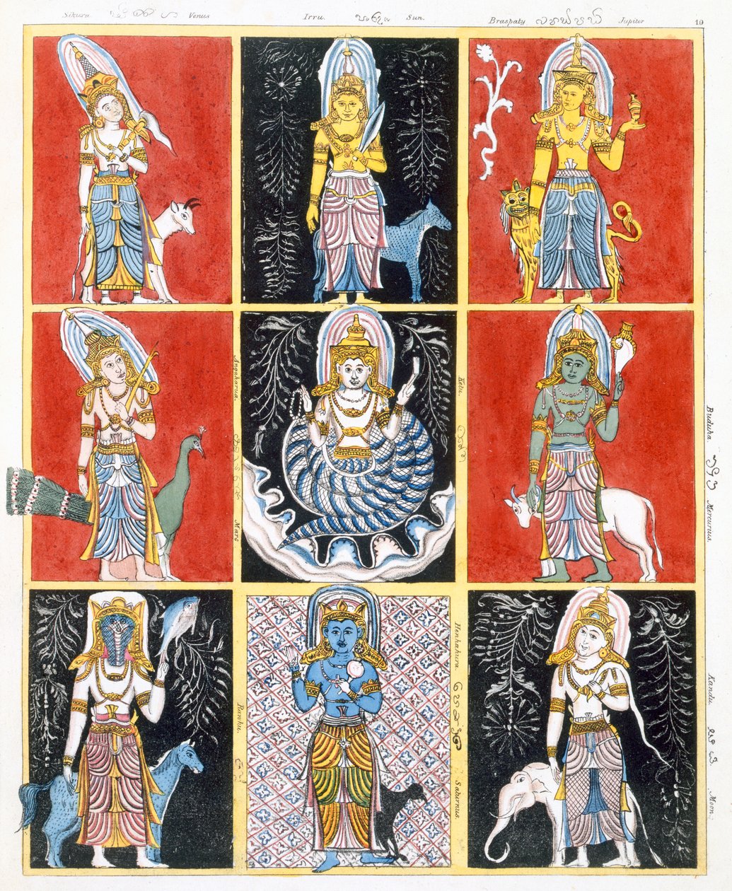 Buddhister, der repræsenterer stjernerne, solen og månen, fra The History and Doctrine of Buddhism af Edward Upham, 1829 af English School