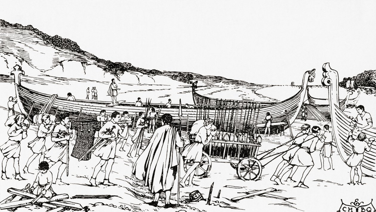 Bygning af skibene til den normanniske invasion af England af Vilhelm Erobreren af English School