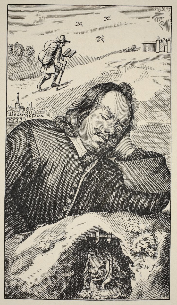 Bunyans Dream, frontispice af The Pilgrims Progress af John Bunyan (1628-88), 4. udgave, pub. 1680 (sepia foto) af English School