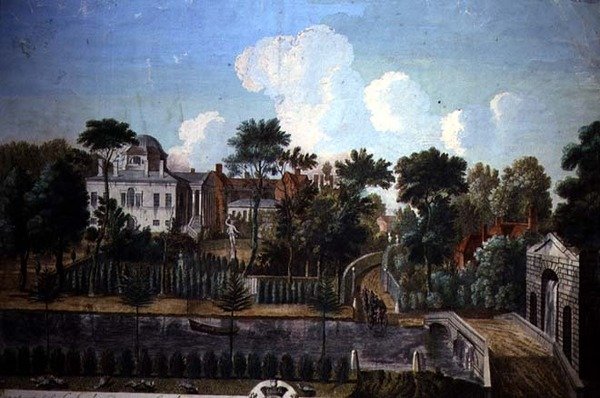 Burlington House, Chiswick, designet af William Kent (1685-1748) 1725-36 (farvegravering) af English School