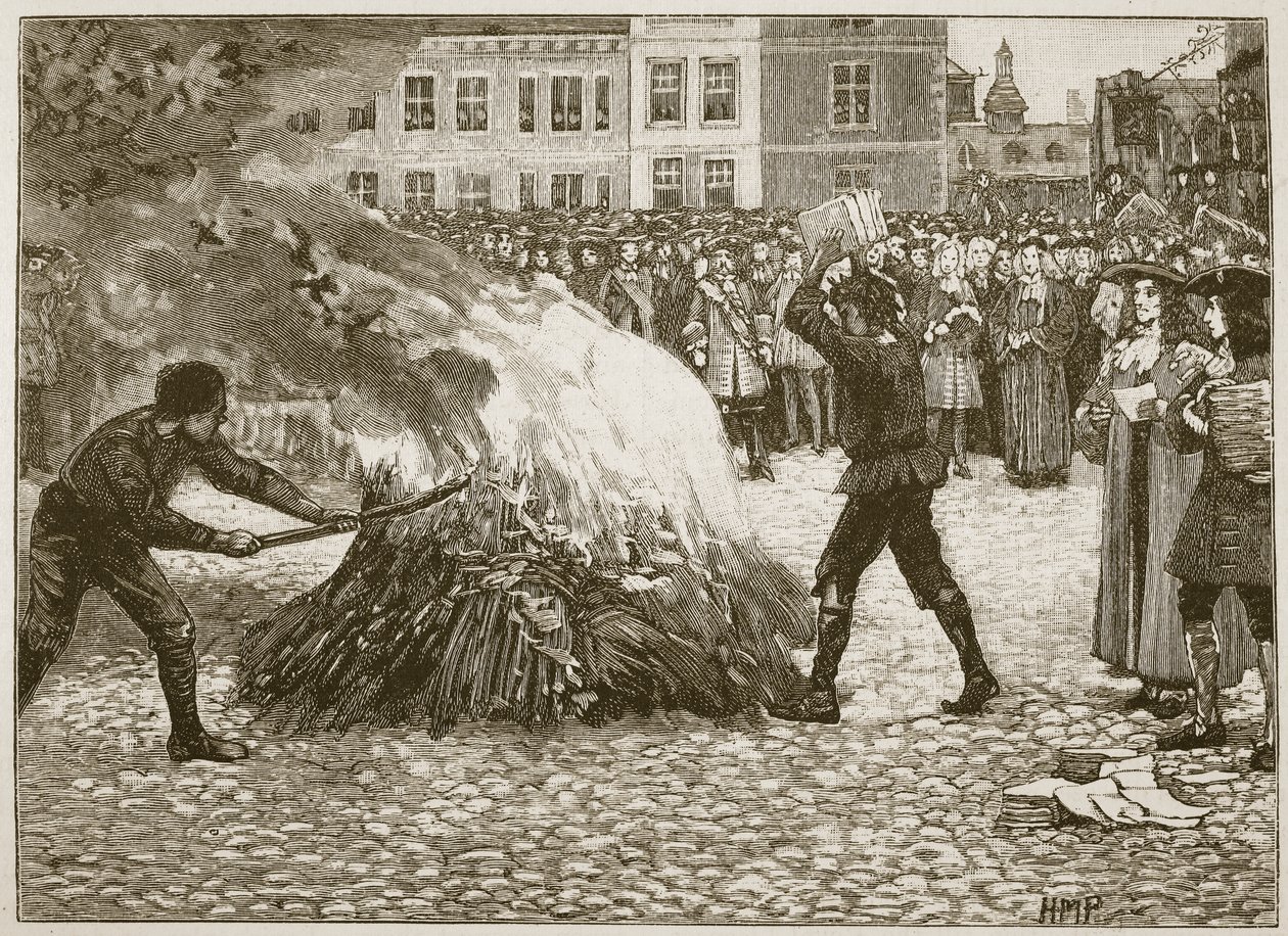 Burning of Blounts-pjece af Common Hangman, illustration fra Cassells Illustrated History of England (sepia-foto) af English School