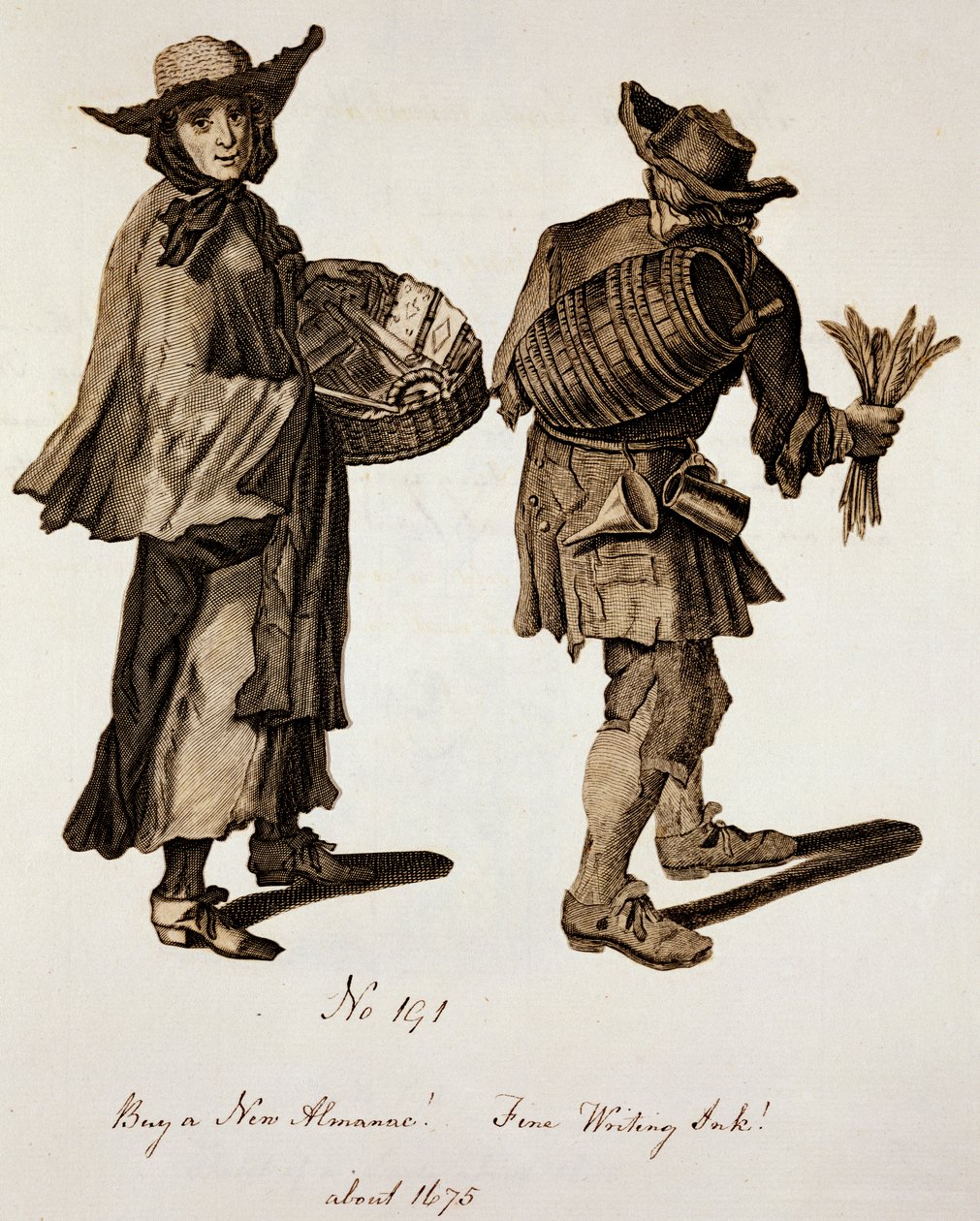 Køb en ny almanak! Fint skriveblæk!, illustration af gadesælgere omkring 1675 af English School