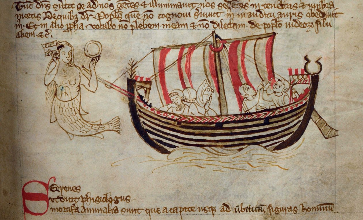CCA-LitMs/D/10 fol. 18r Sirene, fra Bestiary af English School