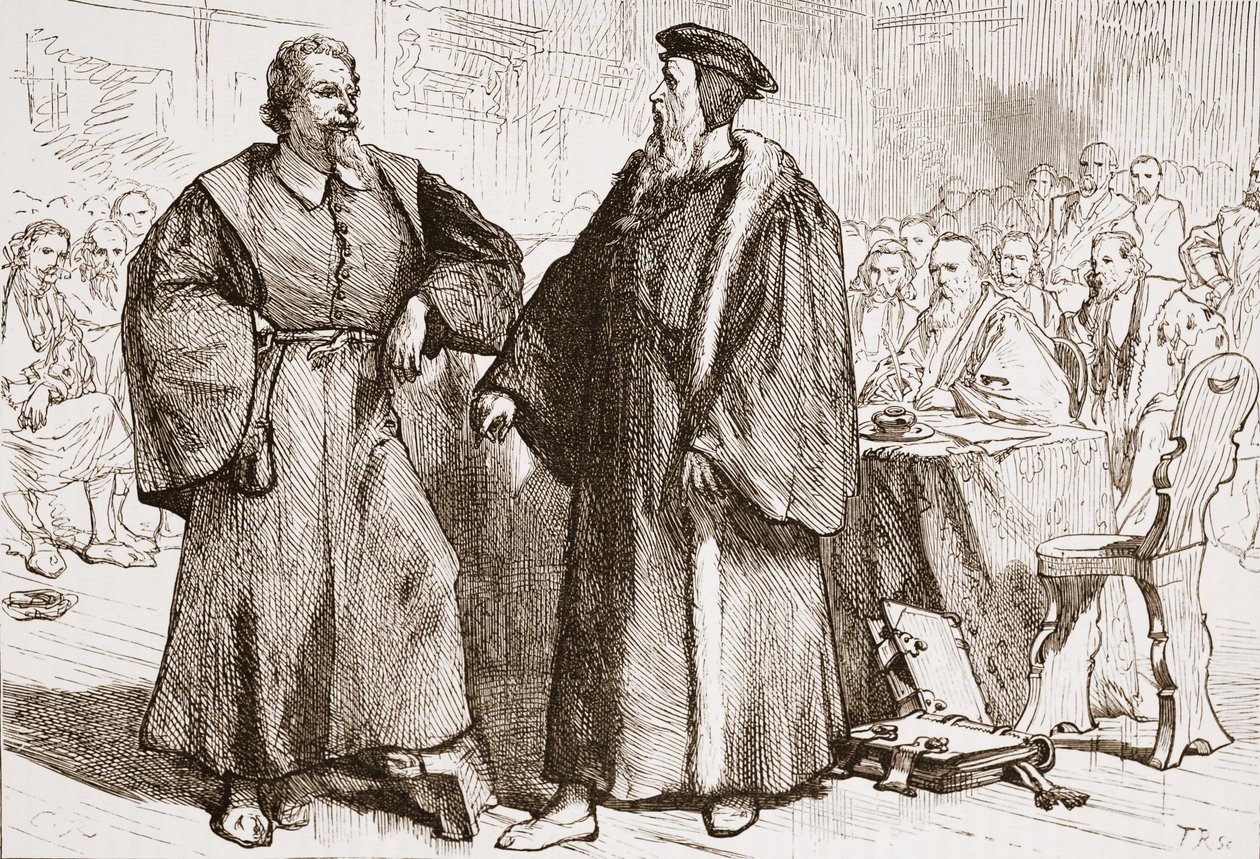 Calvin og Servetus før koncilet i Genève, illustration fra The History of Protestantism af James Aitken Wylie (1808-1890), pub. 1878 af English School