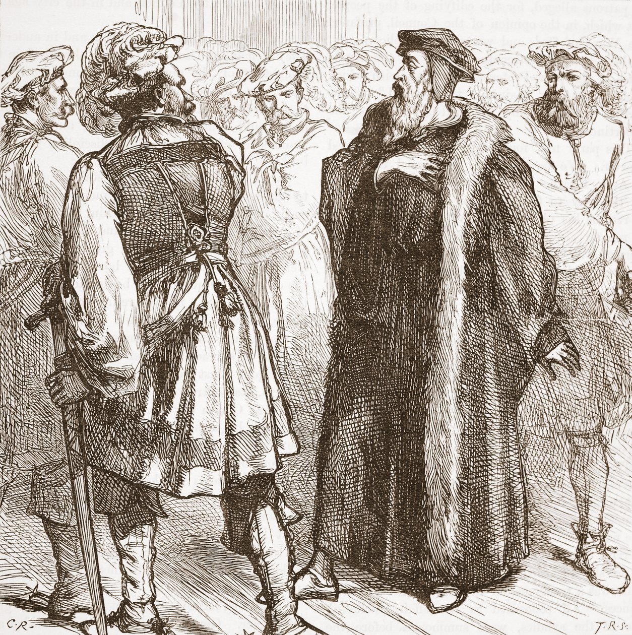 Calvin før sine fjender i Rådet, illustration fra The History of Protestantism af James Aitken Wylie (1808-1890), pub. 1878 af English School