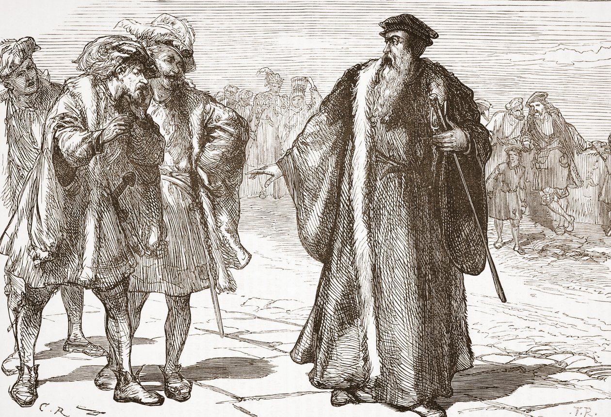 Calvin fornærmet af libertinerne på Rhone-broen, illustration fra The History of Protestantism af James Aitken Wylie (1808-1890), pub. 1878 af English School