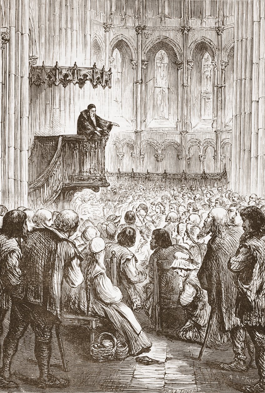 Calvin prædiker sin afskedsprædiken i forventning om forvisning, illustration fra The History of Protestantism af James Aitken Wylie (1808-1890), pub. 1878 af English School
